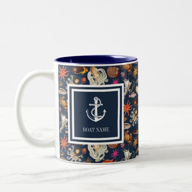 Boat Name Navy Blue Sealife Nautical Anchor Two-Tone Coffee Mug (Left)
