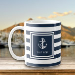 Boat Name Navy Blue Stripe Nautical Anchor Coffee Mug<br><div class="desc">A nautical design featuring an anchor,  stylish navy blue and white stripes and personalised with your boat name. Designed by Thisisnotme©</div>