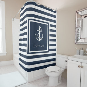 Boat Name Navy Blue Striped Nautical Anchor Shower Curtain