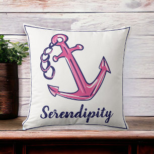 Boat Name Navy Pink Anchor  Cushion