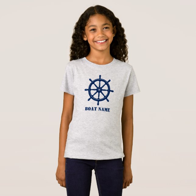 Boat Name or Your Name Ship Helm Wheel Navy Grey T-Shirt (Front Full)