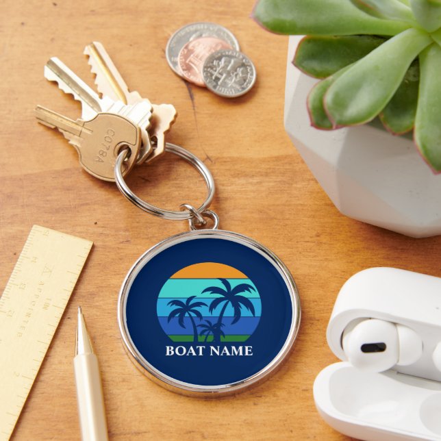 Boat Name Sun Palm Trees Blue Premium Round Key Ring (Desk)