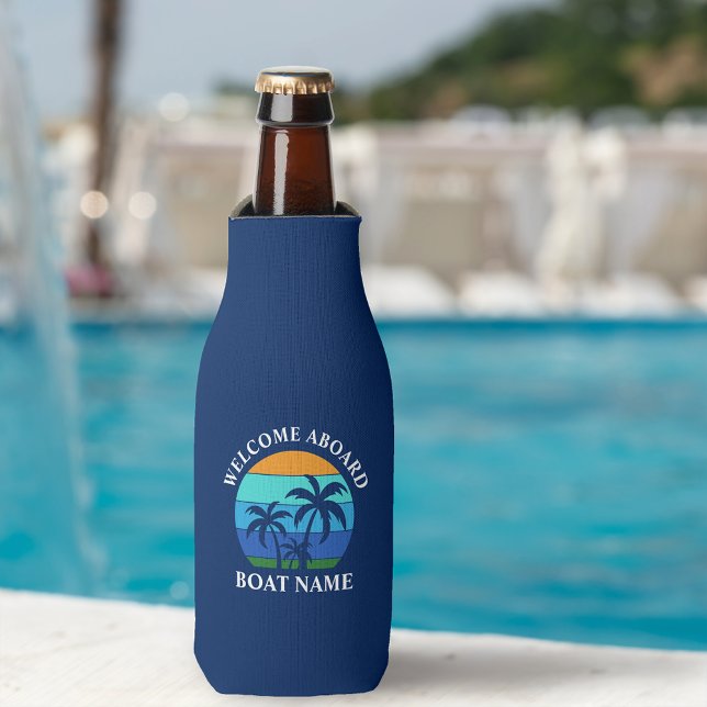 Boat Name Sun Palm Trees Welcome Aboard Blue Bottle Cooler (Customize to change text size or text style.)
