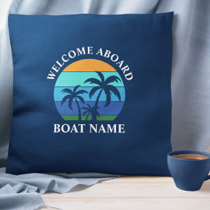 Boat Name Sun Palm Trees Welcome Aboard Blue Cushion