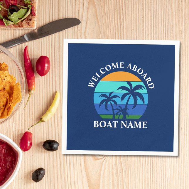 Boat Name Sun Palm Trees Welcome Aboard Blue Napkin (Customize to change text size, style or background color.)