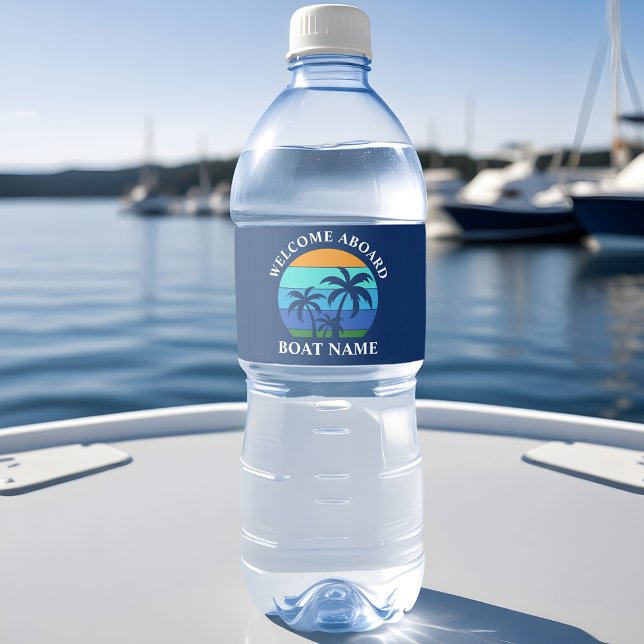 Boat Name Sun Palm Trees Welcome Aboard Blue Water Bottle Label (Customize to change text size, text style or background color.)
