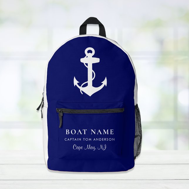Boat Nautical Anchor Captain Family Name Navy Blue Printed Backpack (Creator Uploaded)