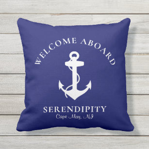 Boat Nautical Anchor Navy Blue Welcome Aboard Cushion