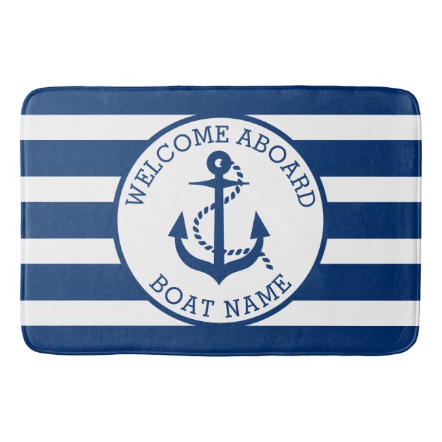 Boat Nautical Anchor Navy Custom Welcome Aboard Bath Mat (Front)