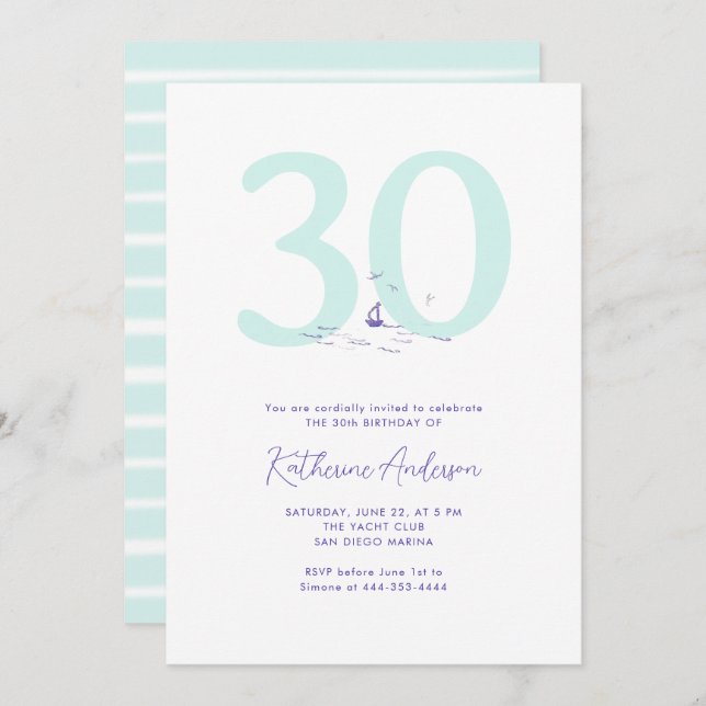 Boat Ocean Nautical Coastal Modern 30th Birthday Invitation (Front/Back)