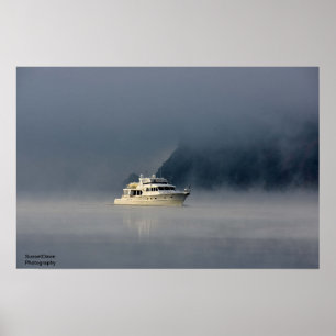Boat on a foggy morning poster