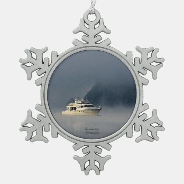Boat on a Foggy Morning Snowflake Pewter Christmas Ornament (Front)