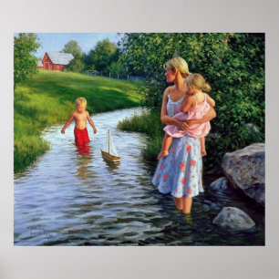 boat on a river artwork poster