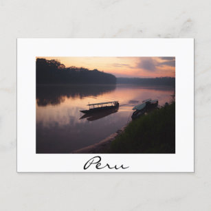 Boat on Amazon river in Peru white text postcard