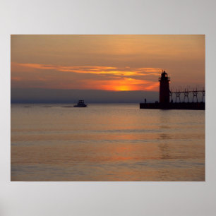Boat on Lake Michigan at South Haven Lighthouse Poster