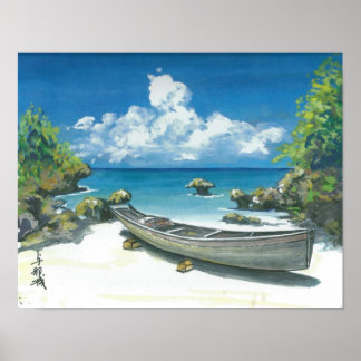 Boat on Okinawa Beach Painting Poster