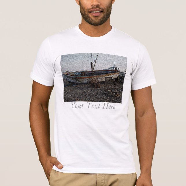 boat on pebble beach lobster pots engraved photo T-Shirt (Front)