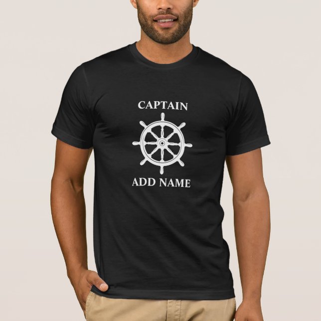 Boat or Captain Name Ships Wheel Helm on Black T-Shirt (Front)