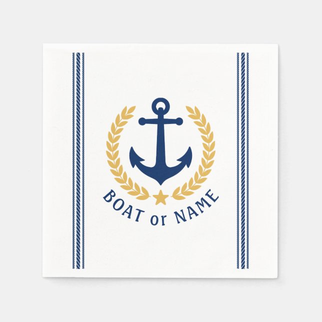 Boat or Family Name Anchor Laurel Rope Stripes Napkin (Front)