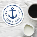 Boat or Name Vintage Anchor Stars Rope Blue White Round Paper Coaster<br><div class="desc">A stylish nautical round coaster set with your personalised name,  boat name or other desired text. Features a custom vintage ship anchor with stars and rope design. In beautiful navy blue on a white base or easily customise the base colour to match your current decor or theme.</div>
