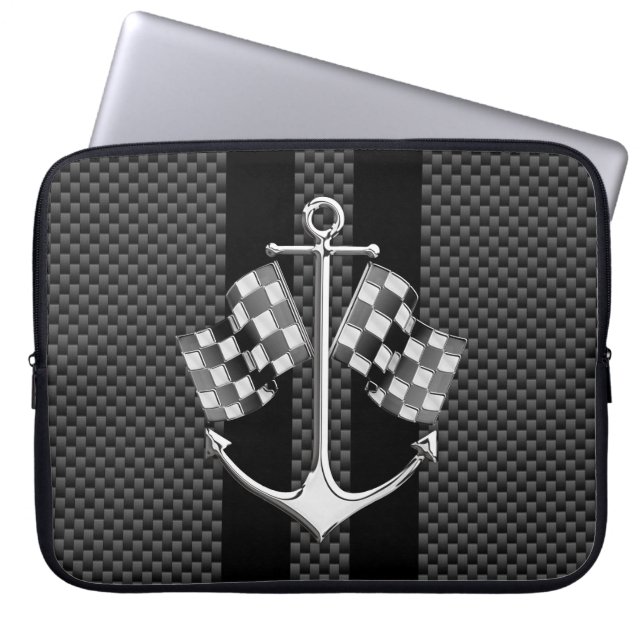 Boat Racing Nautical Chequered Carbon Fibre Style Laptop Sleeve (Front)