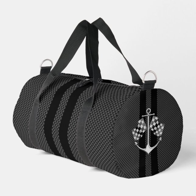 Boat Racing Nautical in Black Carbon Fiber Style Duffle Bag (Left Corner)