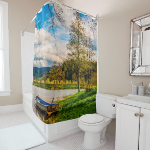Boat Sitting by a Lake and Mountains Shower Curtai Curtain