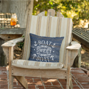 Boat Sweet Boat Quote And Anchor On Blue Woodgrain Cushion