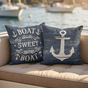Boat Sweet Boat Quote And Anchor On Blue Woodgrain Cushion