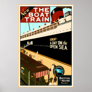 BOAT TRAIN Boston Maine Railroad Ship Travel Art Poster