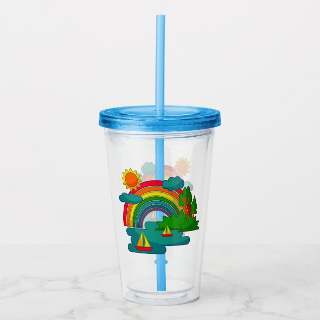 Boat travel landscape under sun clouds and rainbow acrylic tumbler (Front)