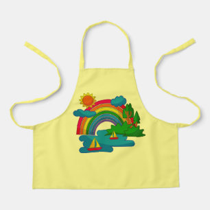Boat travel landscape under sun clouds and rainbow apron
