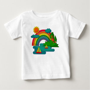 Boat travel landscape under sun clouds and rainbow baby T-Shirt