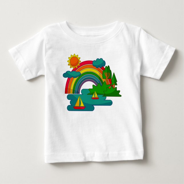 Boat travel landscape under sun clouds and rainbow baby T-Shirt (Front)