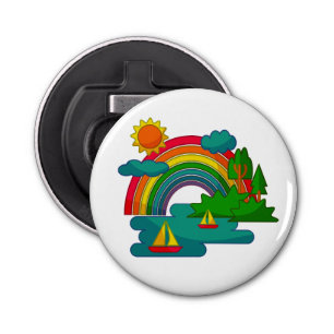 Boat travel landscape under sun clouds and rainbow bottle opener