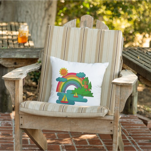 Boat travel landscape under sun clouds and rainbow cushion (Chair)
