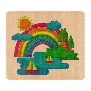 Boat travel landscape under sun clouds and rainbow cutting board