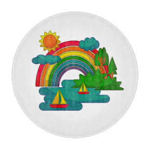 Boat travel landscape under sun clouds and rainbow cutting board