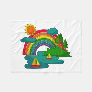 Boat travel landscape under sun clouds and rainbow fleece blanket