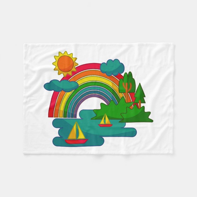 Boat travel landscape under sun clouds and rainbow fleece blanket (Front (Horizontal))