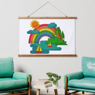 Boat travel landscape under sun clouds and rainbow hanging tapestry