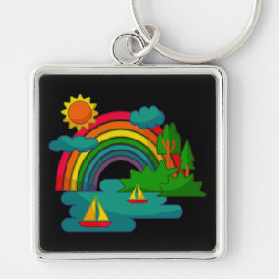 Boat travel landscape under sun clouds and rainbow key ring