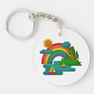 Boat travel landscape under sun clouds and rainbow key ring