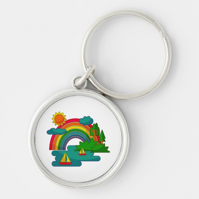 Boat travel landscape under sun clouds and rainbow key ring (Front)