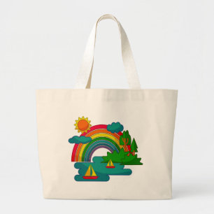 Boat travel landscape under sun clouds and rainbow large tote bag