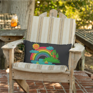 Boat travel landscape under sun clouds and rainbow lumbar cushion