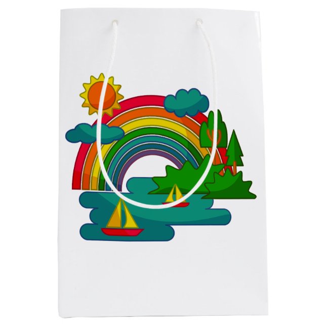 Boat travel landscape under sun clouds and rainbow medium gift bag (Front)