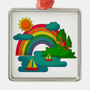 Boat travel landscape under sun clouds and rainbow metal tree decoration