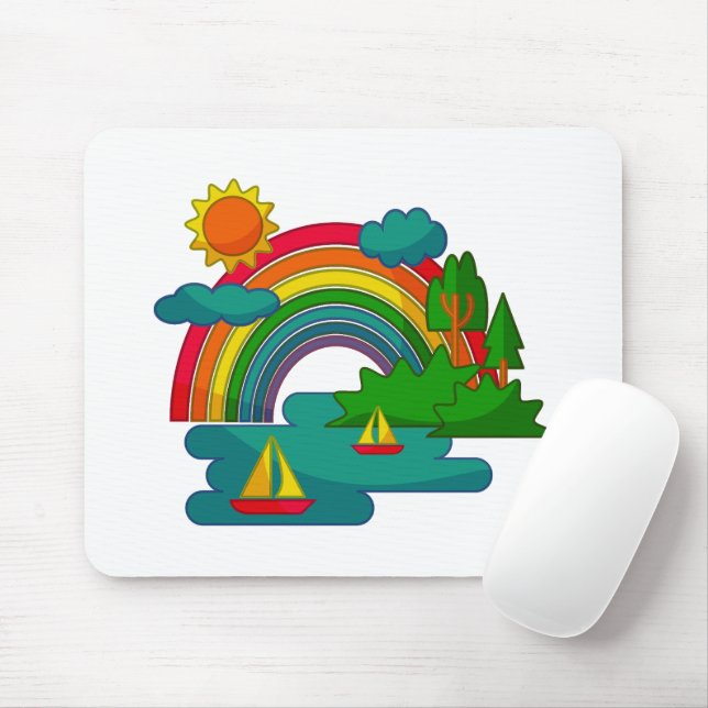 Boat travel landscape under sun clouds and rainbow mouse pad (With Mouse)