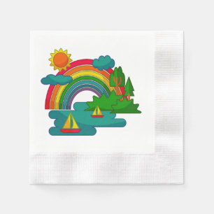 Boat travel landscape under sun clouds and rainbow napkin